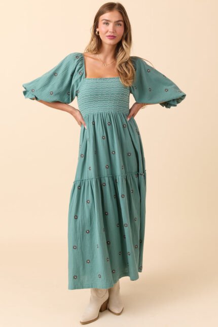 Dress To Impress Sage Floral Stitched Smocked Top Dress